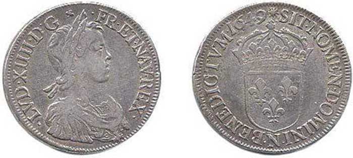 Экю. 1649 г. Серебро. Портрет Людовика XIV